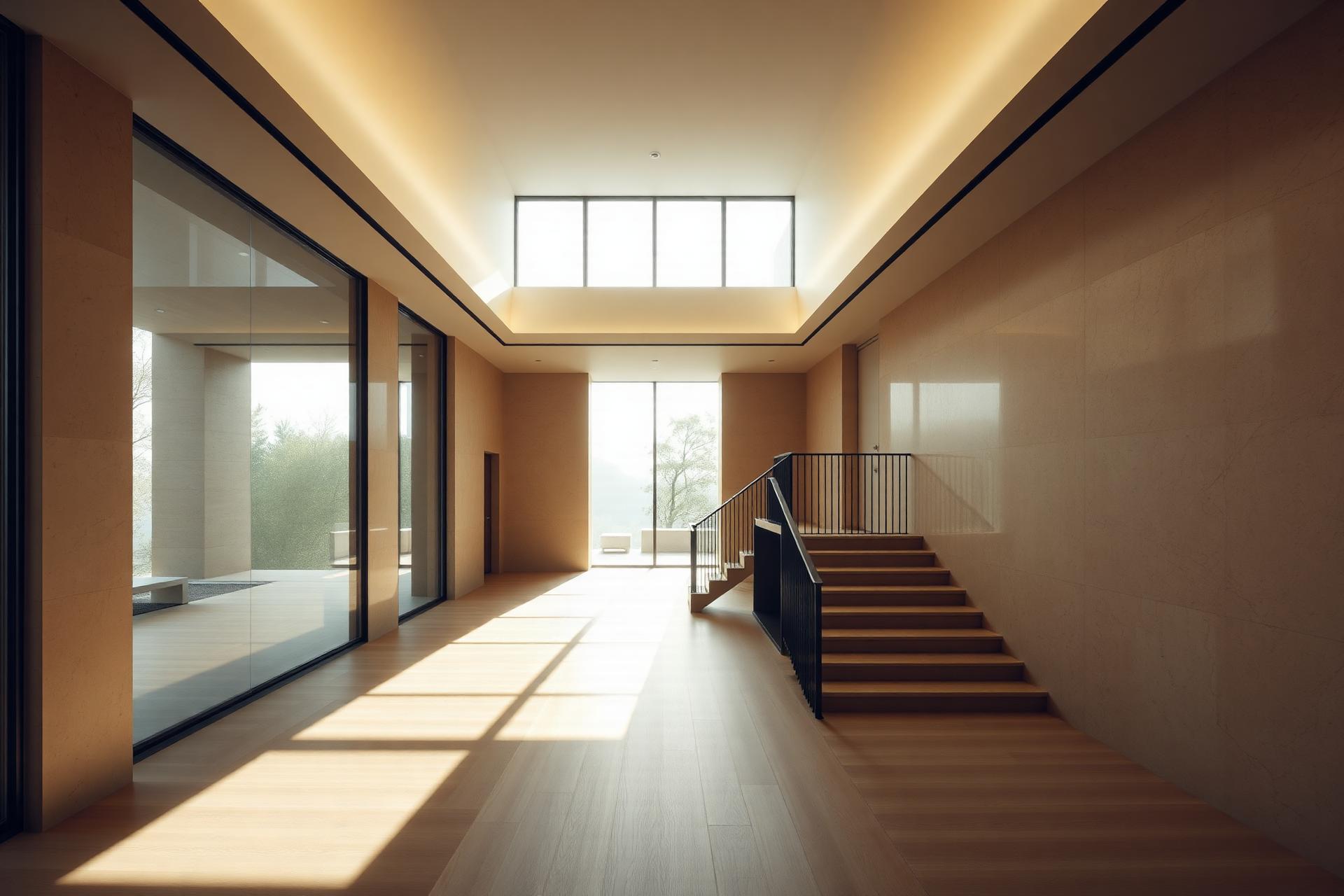Cinematic architectural interior with warm light, travertine walls and a sculptural staircase